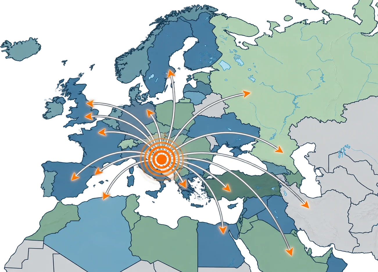 Map of Europe with deployment routes radiating from Split, Croatia