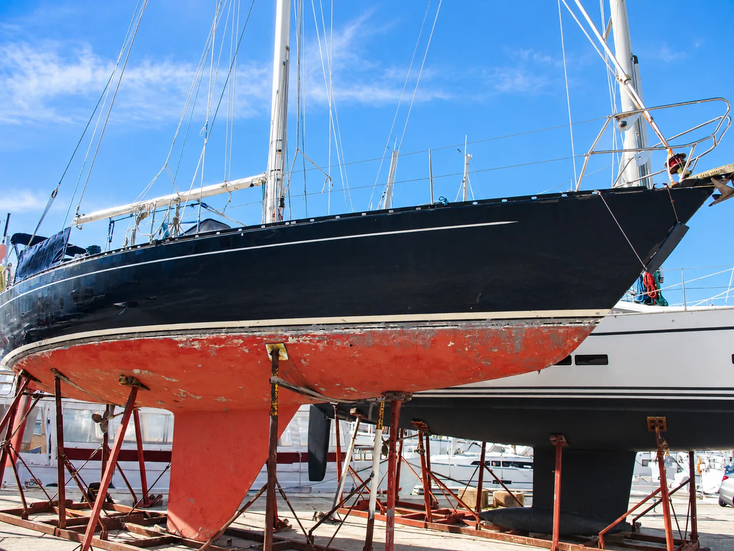 Sailing yacht ashore for hull and antifouling inspection during a pre-purchase survey