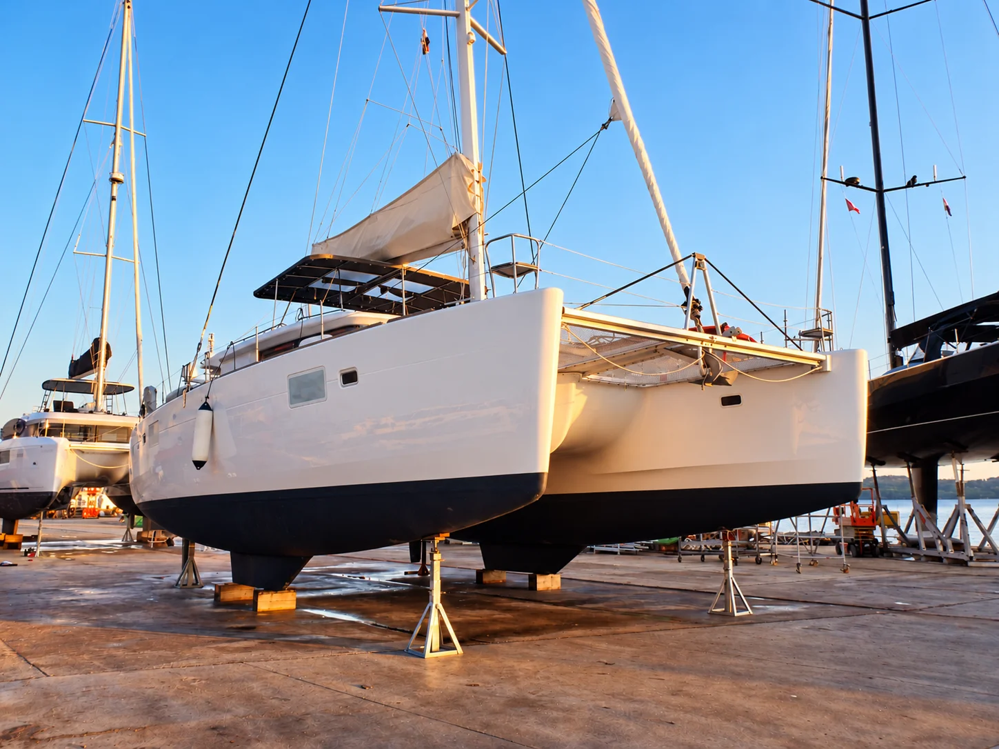 Catamaran ashore in a boatyard for a marine survey