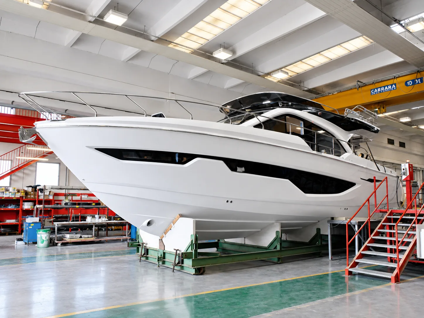 Completed yacht in the factory hall before delivery