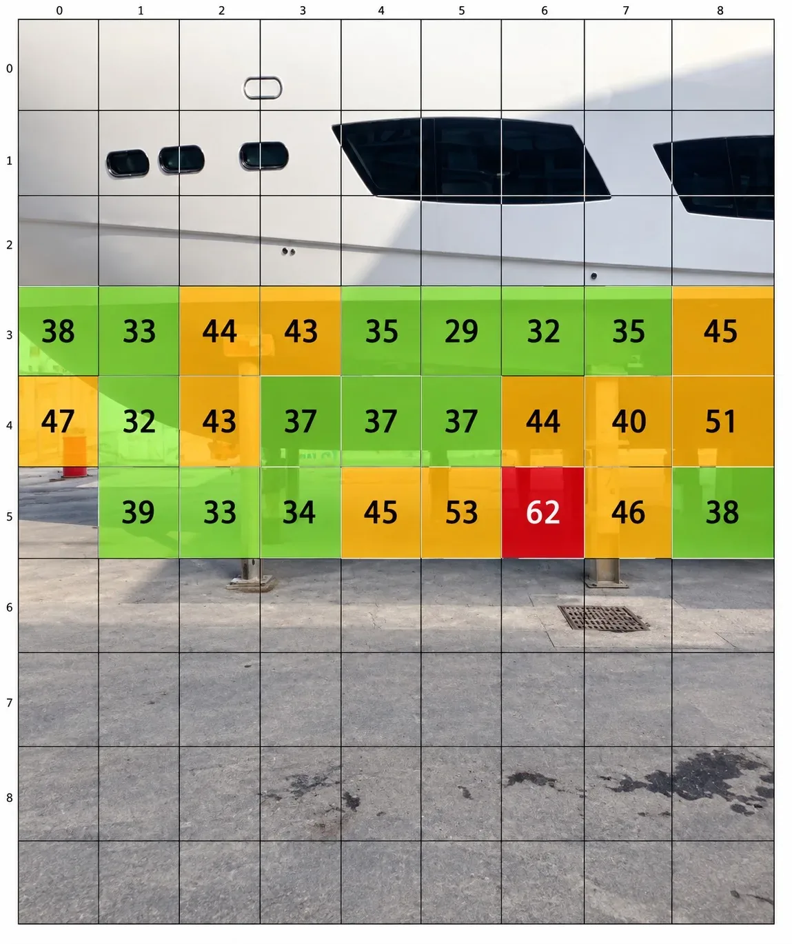Moisture readings mapped across a GRP yacht hull and superstructure