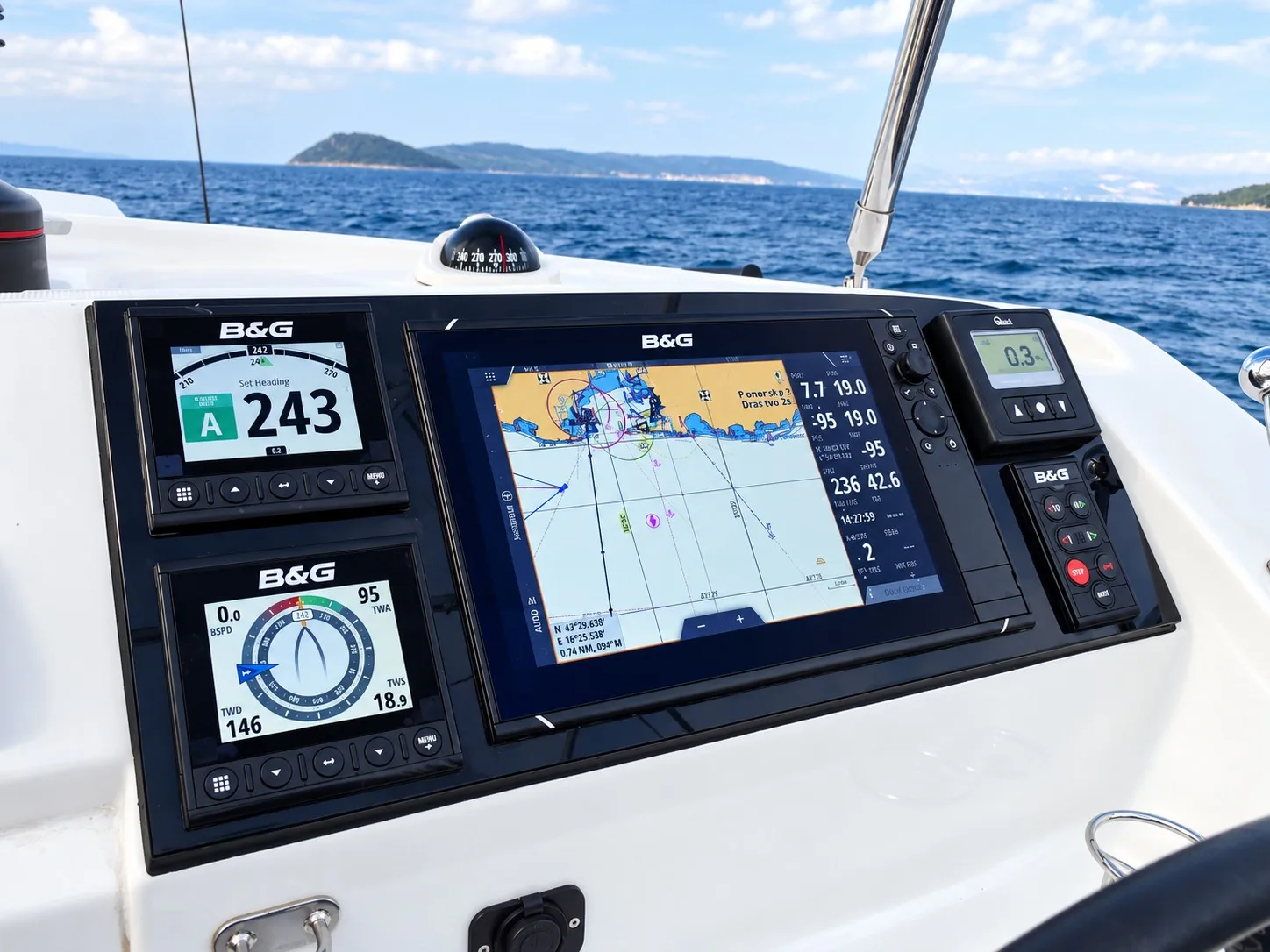Yacht navigation instruments and autopilot monitored during a sea trial assessment